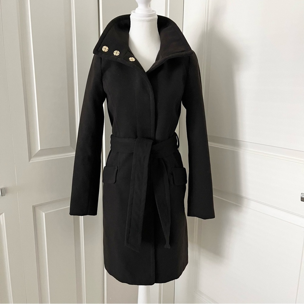 H&M Long Belted Coat with Clasp Buttons-Black-Women US Size 2